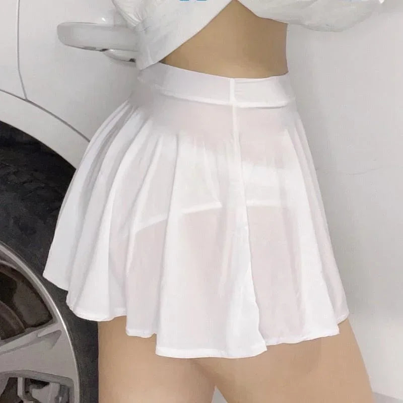 Fashion Korean Style Mini Skirt Girls Womens See Through High Waist Black A Line Short Pleated Skirts Christmas Street Club Wear