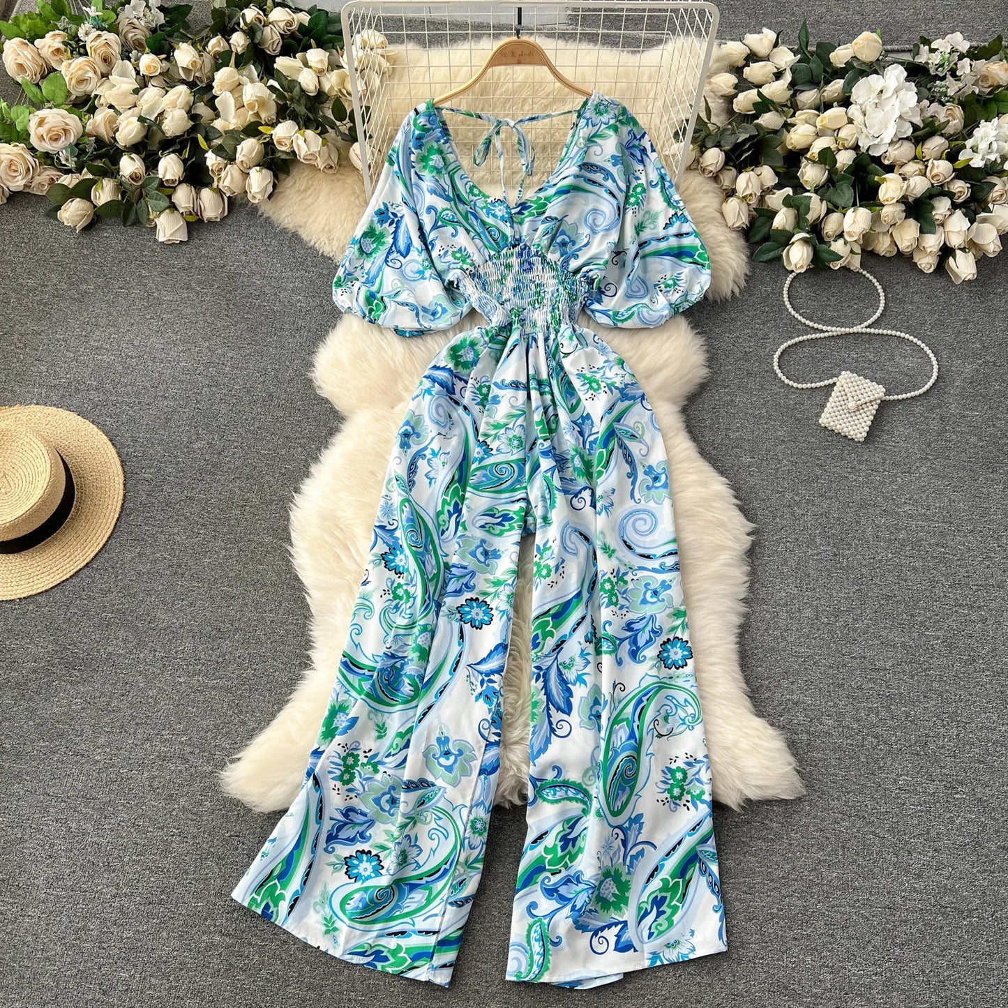 V Neck Sexy Dolman Sleeves Waist Slim Floral Print Jumpsuit Women Wide Leg Trousers Jumpsuit