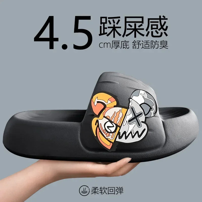 Men's Slippers Cool Bear Stickers Thick-soled Soft Women's Sandals Bathroom Beach Indoor Outdoor Men's Slippers Non-slip2024