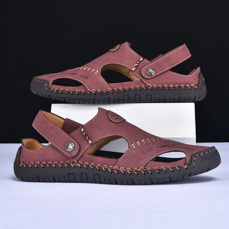 New Handmade Summer Sandals Men Breathable Leather Shoes Man Outdoor Men Sandals Antiskid Beach Sandals Hollow Shoes Footwear