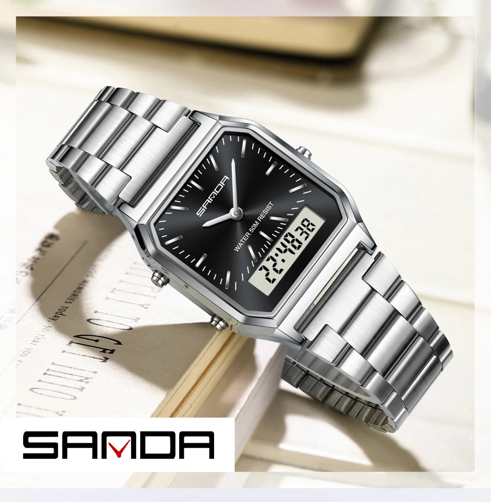SANDA Men's and Women Watch Fashion Watches Business Style Alarm Clock Man Digital Wristwatch Square Dial Stainless Steel Strap