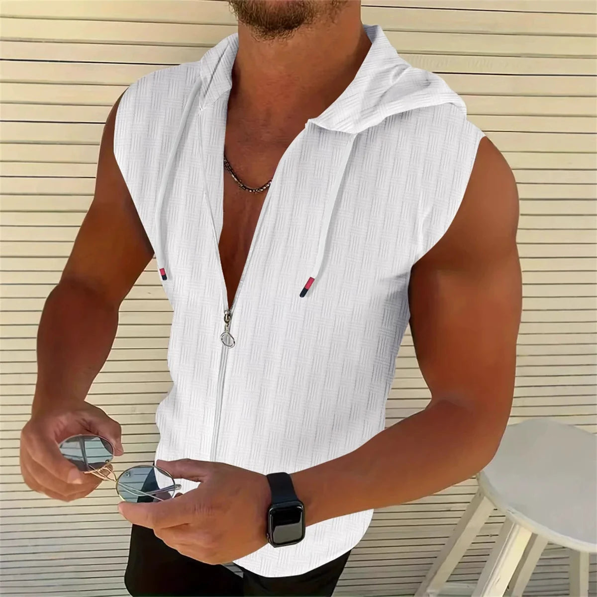 New Summer Sleeveless Zippered Jacquard Sportswear For Men  Fashionable Casual Men's Sportswear Breathable Shirt