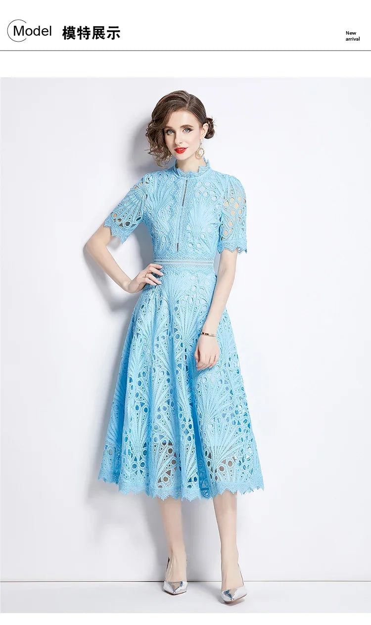 SMTHMA Vintage High-End O-Neck Short Sleeve Lace Hollow Out Dress For Women's Summer Slim Elegant Long Dress Female Clothing