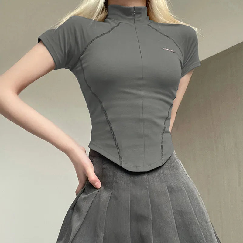 y2k Metal Crop Top Zipper Grey Short Sleeve Biker Moto Tee Korean Fashion Streetwear T Shirt Grunge Chic Outfits 90s