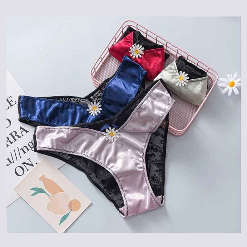 European Sizes Satin Luxury Style Women Sexy Low Waist V Shape Lace Flower Underwear Breathable High Stretch Soft Panties Breifs