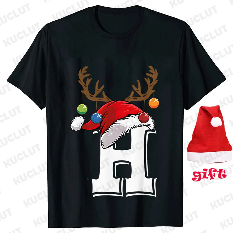 Funny Christmas Party Tshirt Fashion Women T Shirt Tops Short Sleeves T-shirt 26 A~Z Alphabet Casual Tees with Santa Hat Gift