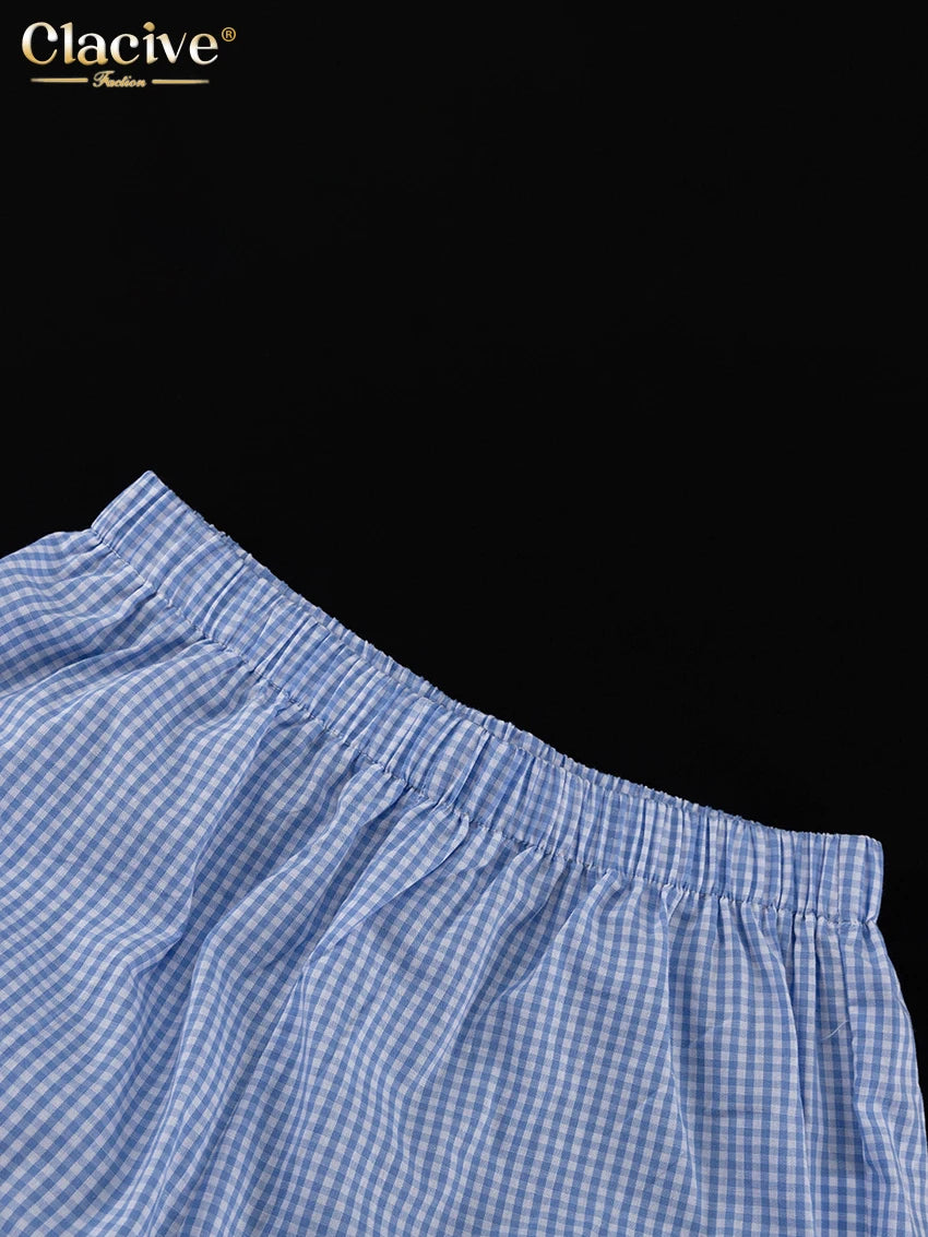 Clacive Fashion Loose Plaid Cotton Women's 3 Pieces Set 2025 Elegant Long Sleeve Shirt With High Wiast Wide Pants Set Female