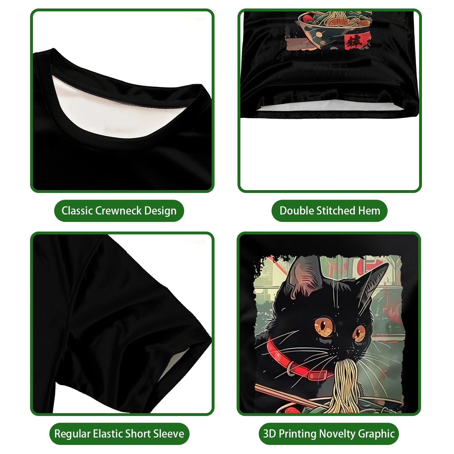 Japanese Anime-Style Ramen Black Cat Graphic T-Shirt Kawaii Animal Print Casual Daily Home Tees Classic O-Neck Short Sleeve Tops