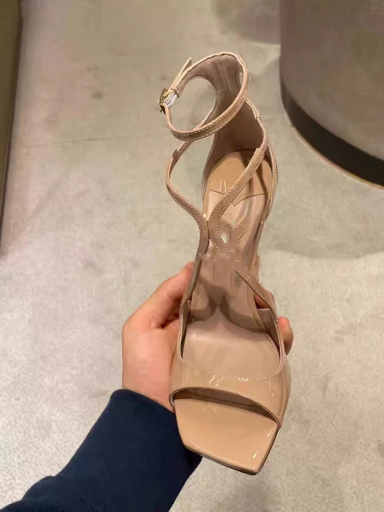 2025 European and American Women's New Square Toe Sandals Summer Nude Patent Leather Stiletto Sexy High Heels