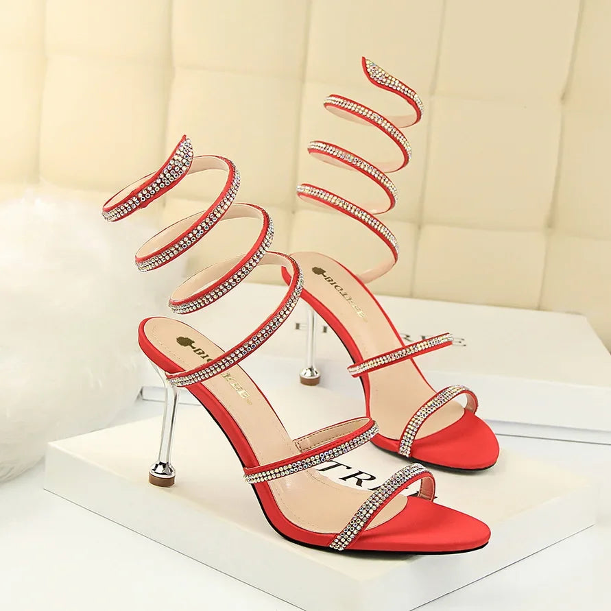 Summer Women 8.5cm High Heels Nightclub Silk Rhinestone Sandals Crystal Ankle Cross Strap Sandles Sexy Strange Gladiator Shoes