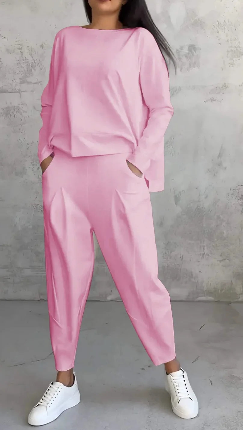 Tracksuits Women's Trousers Suit O-neck Long Sleeve Loose T-shirt Solid Color Trousers Pocket Simple 2-piece Set Loungewear