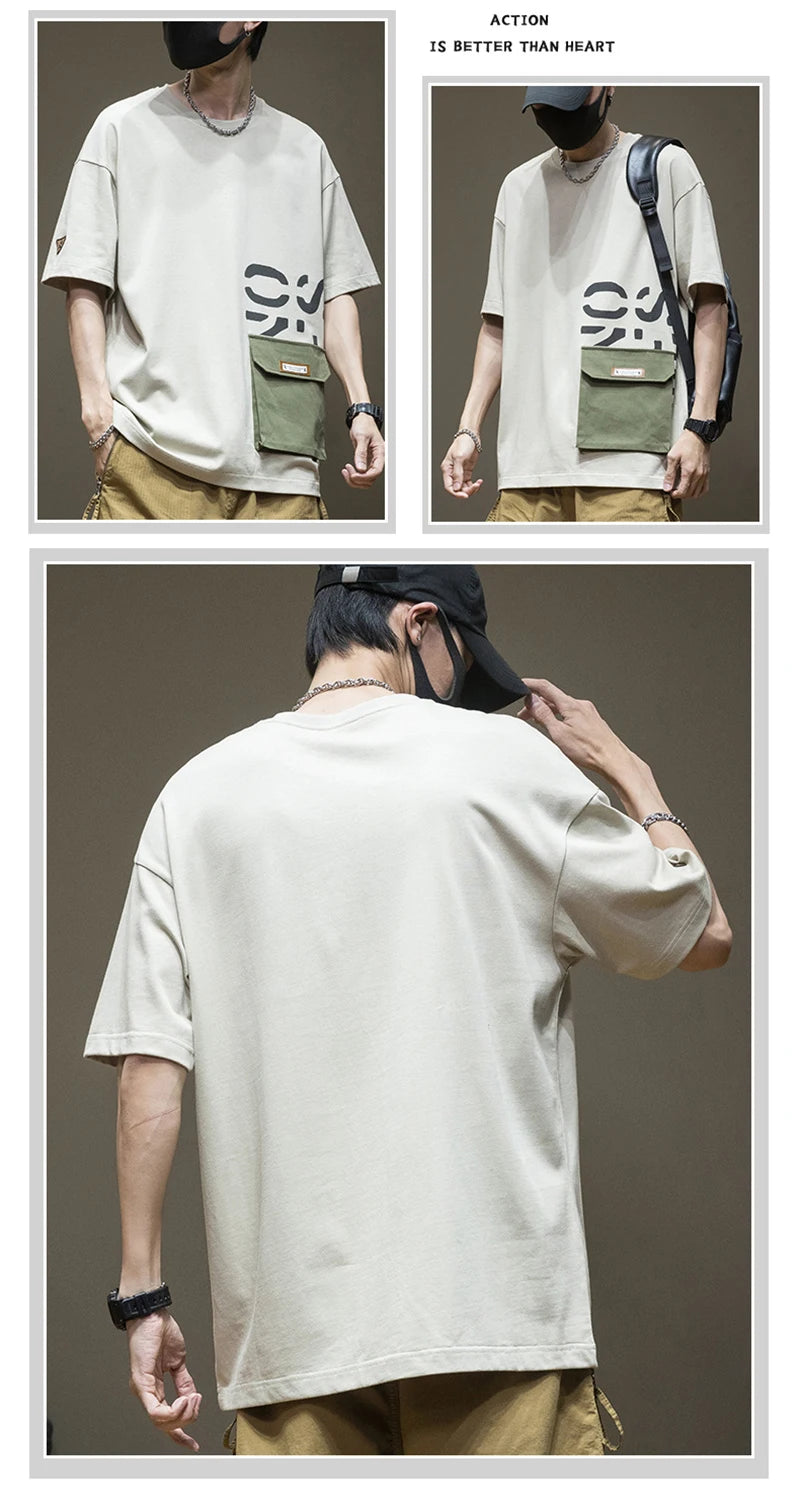 Summer Men's Short Sleeve Letter Printed T-shirt With Cargo Pocket Casual Cotton O-Neck Tops Y2K Streetwear Oversized Tee Shirts