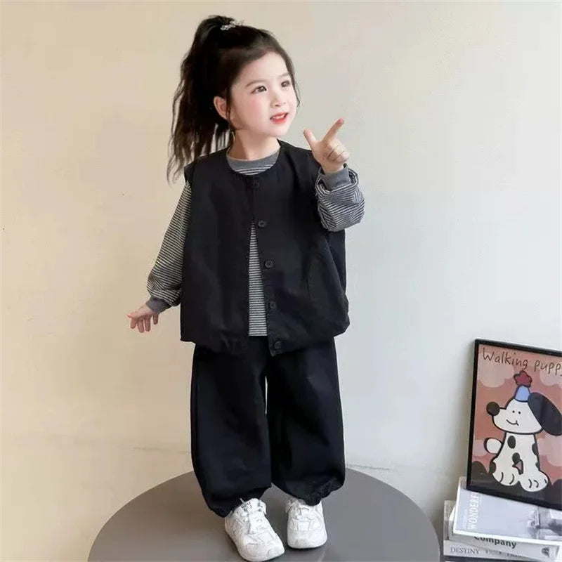 Boys' Fashion Set Spring Girls' Suit Children's Striped Top Vest  Trousers 3Pcs New Kids Casual Loose Outfits Autumn Clothing