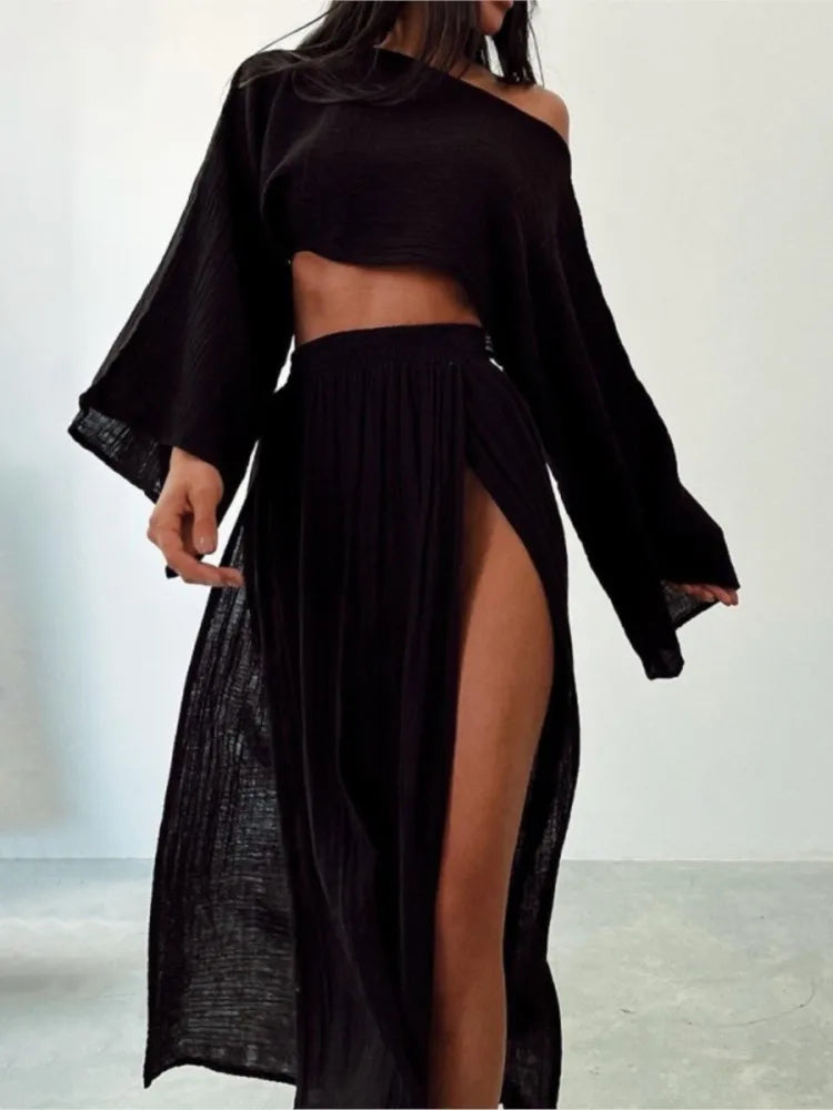Casual Holiday Style Simple Solid Color Skirt Set Linen Blended Short Top High Waist Chic Split Cotton Linen Two-piece Set