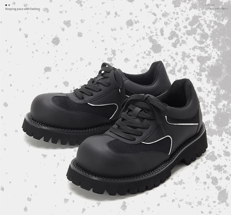 Sports leather shoes for men lightweight mesh splicing genuine leather black thick sole height increasing big head work shoes