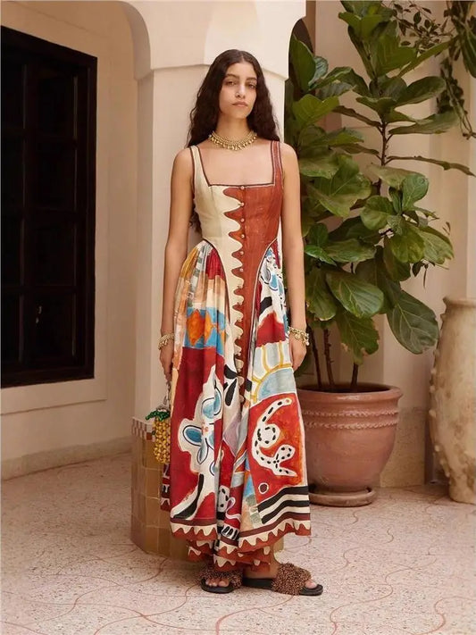 Elegant 2026 Summer Vacation Fashion Print Linen Accordion Pleat Wrap Waist Dress H Version mid Waist No Sleeve Square Collar