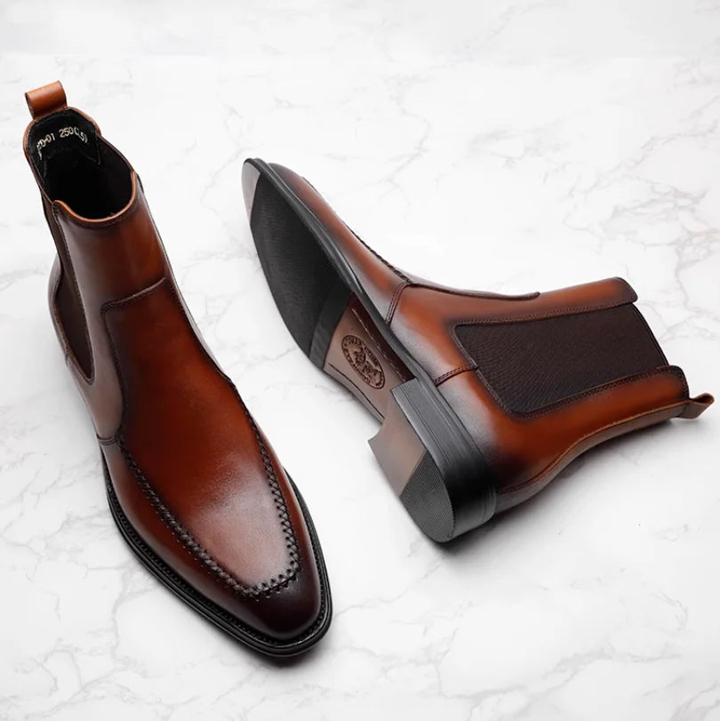 New men's Chelsea boots, youth British pointed leather shoes, vintage sleeve cowhide men's short boots.