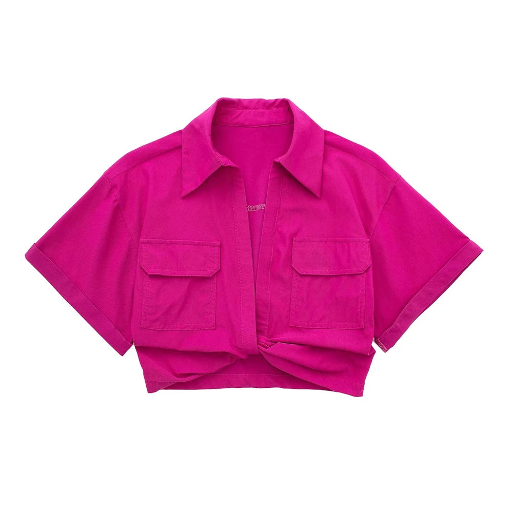 Women Fashion Front Knot Elastic Linen Cropped Shirts Vintage Short Sleeve Patch Pockets Female Blouses Blusa Chic Tops
