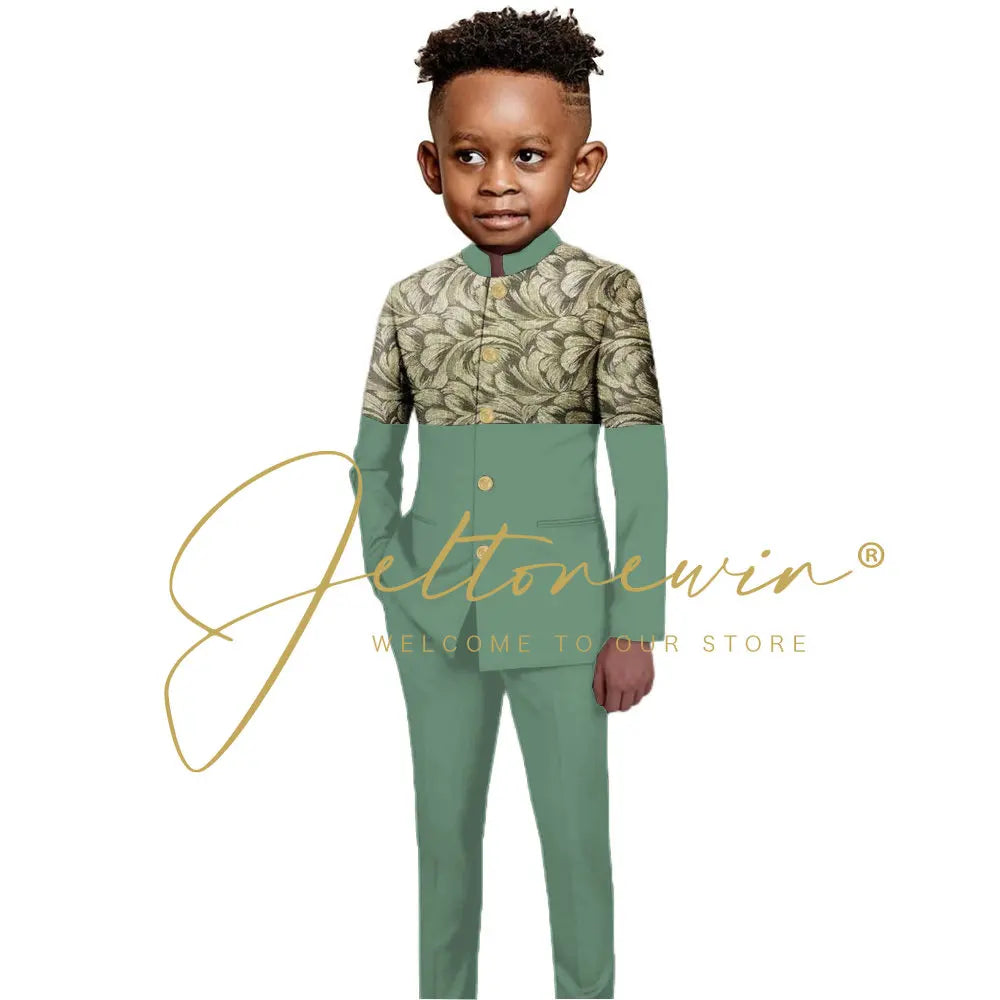 African Style Boys Suit Burgundy Gold Floral Jacket Pants 2 Piece Set Stand Collar Blazer Wedding Tuxedo Kids Formal Party Dress