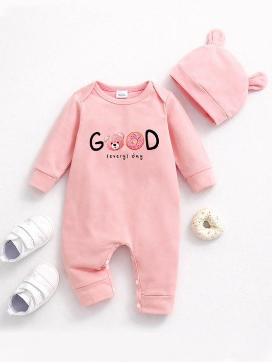 Newborn Baby Girl Romper with Hat, Cartoon Print Cotton Long Sleeve Infant Jumpsuit, Soft Breathable One-Piece Outfit for 3-12M