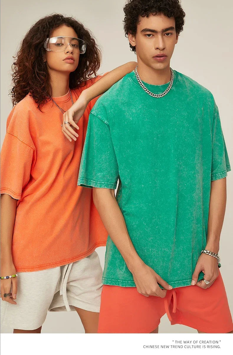 American Style Retro Heavyweight Solid Color Short Sleeved T-shirt Men Women Summer Street Trendy Washed Old Oversized Clothes