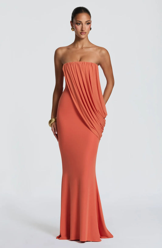 Resort Strapless Draped Mermaid Maxi Dress Cascading Diagonal Draped Bodycon Floor-length Robe Fashion Editorial Shooting Robes
