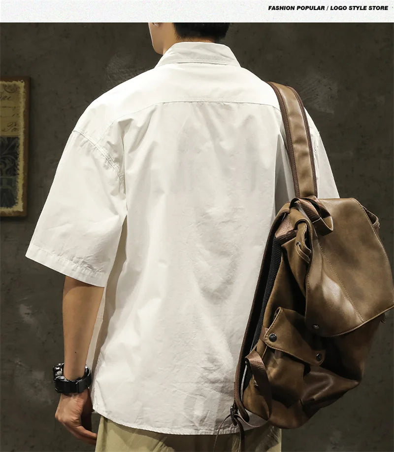 American Casual Short Sleeve Shirt For Men Summer Fashion Comfortable T-shirt 2026 New High Street Plain Lapel blouses hombre