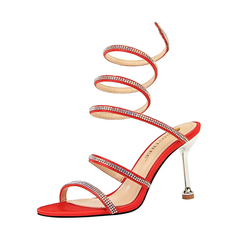 Summer Women 8.5cm High Heels Nightclub Silk Rhinestone Sandals Crystal Ankle Cross Strap Sandles Sexy Strange Gladiator Shoes