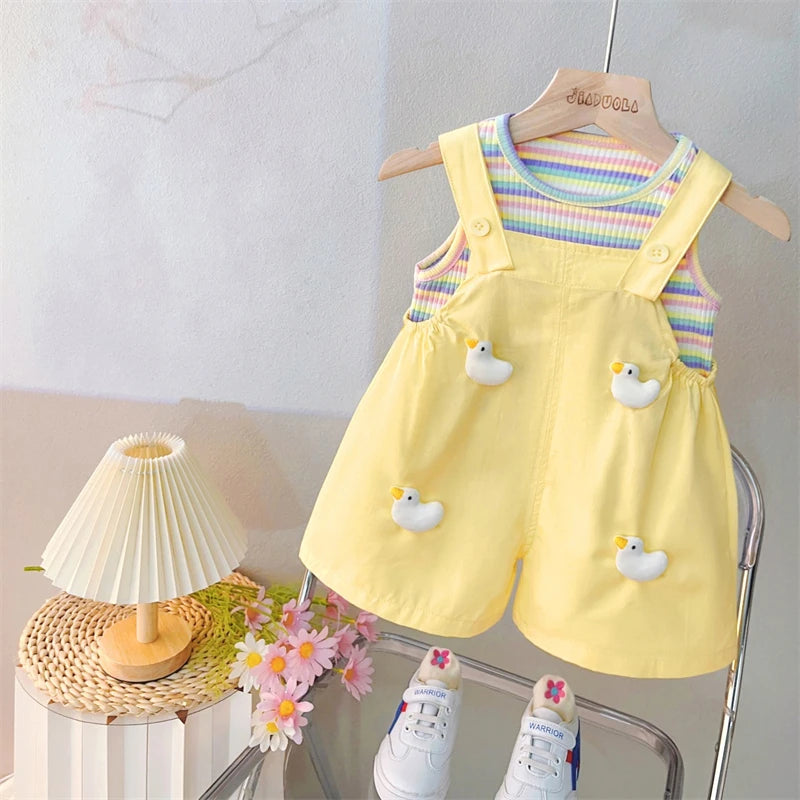 Baby Girls Clothing Sets Children Summer Clothes Cartoon Rabbit Stripe Vest Shorts 2 Pieces Suit Kids Casual Clothes Outfits