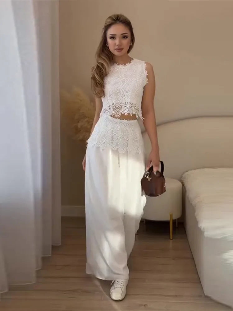 Casual Lace Tops Pants Sets Women O Neck Sleeveless High Waist Wide Legs Outfits Female 2026 Summer Beach Vacation Solid Suits