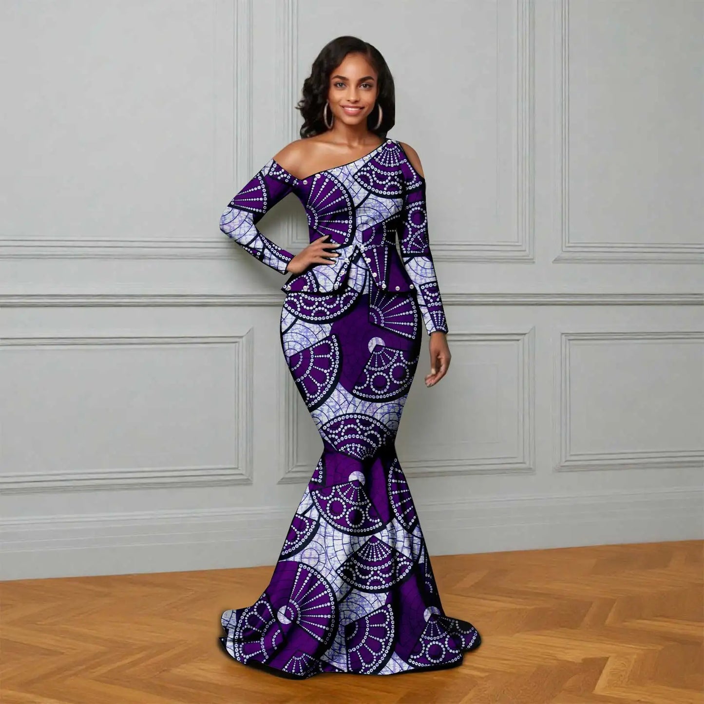 African Ankara Printed Fabric Women's Dress Skew Collar Long Sleeve Floor-Length Dress Elegant fashion 2625007