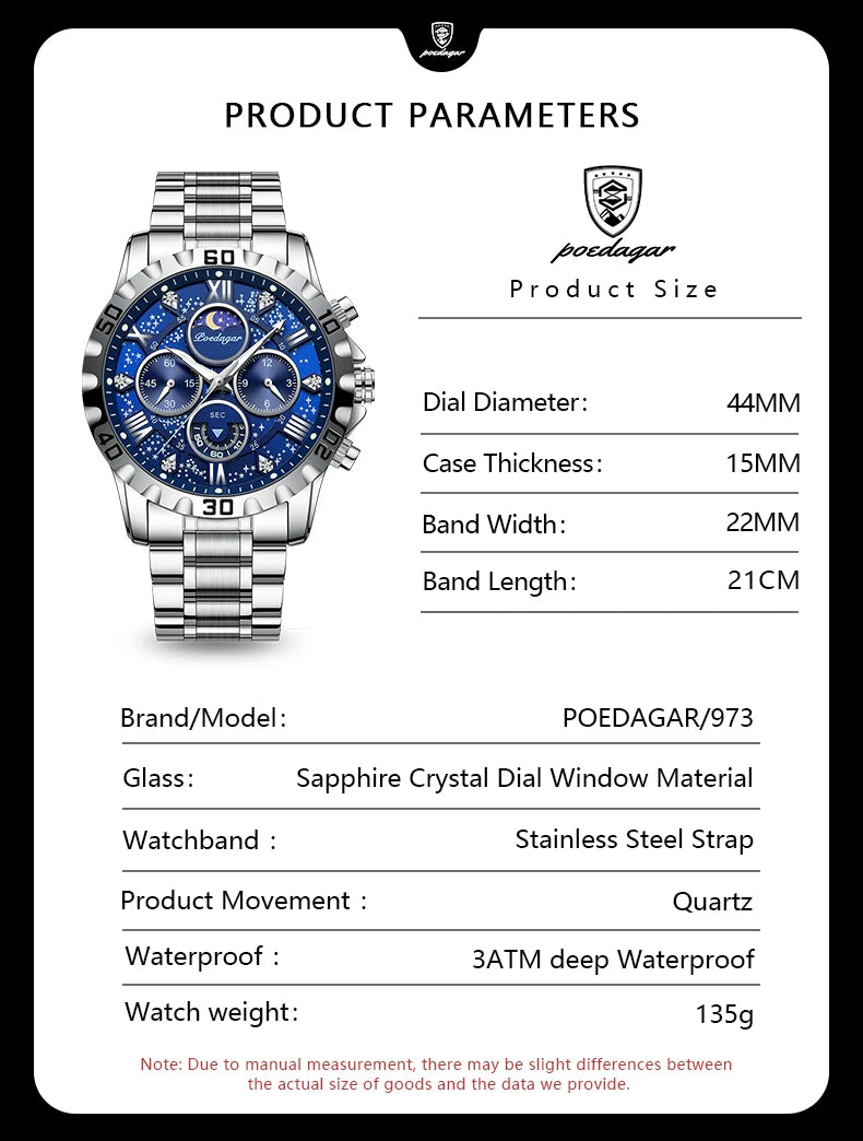 POEDAGAR Trendy Men Watch Chronograph Waterproof Luminous Stainless Steel Man Wristwatch Luxury Business Quartz Watches For Men