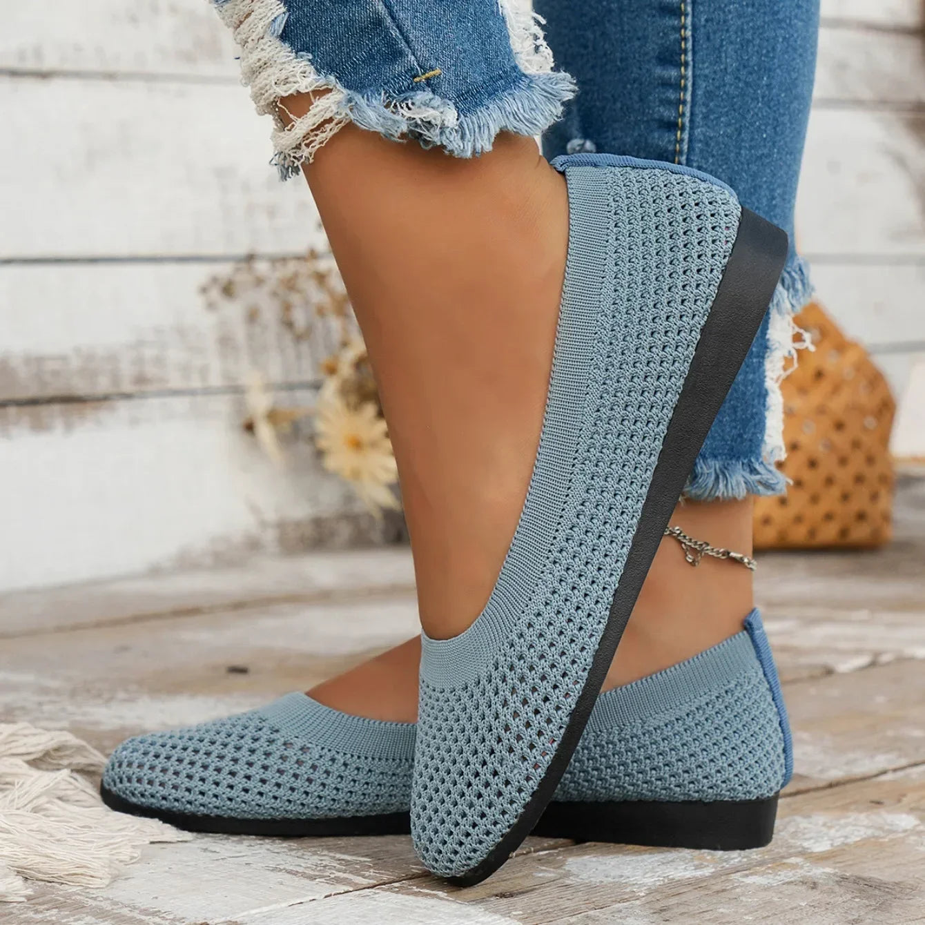 Women Round Toe Flat Shoes Solid Color Knitted Slip on Shoes Casual Breathable Ballet Flats Women Mesh Flat Shoes Loafers Woman