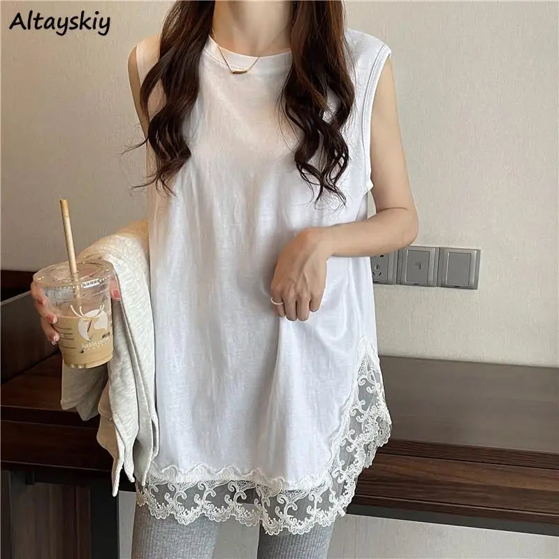 White Tanks Women Solid Lace Sleeveless Loose Tops Leisure Daily Korean Fashion Ins Harajuku Summer Simple 3XL Trendy Basics
