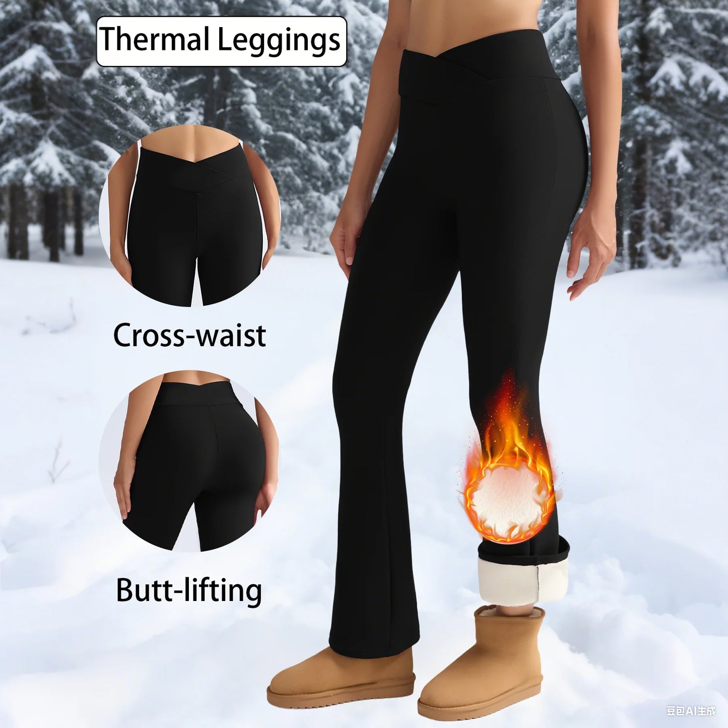 Bazaarhubo fleece women’s thermal leggings, high-waisted cross-waist design, butt-lifting, black winter tights