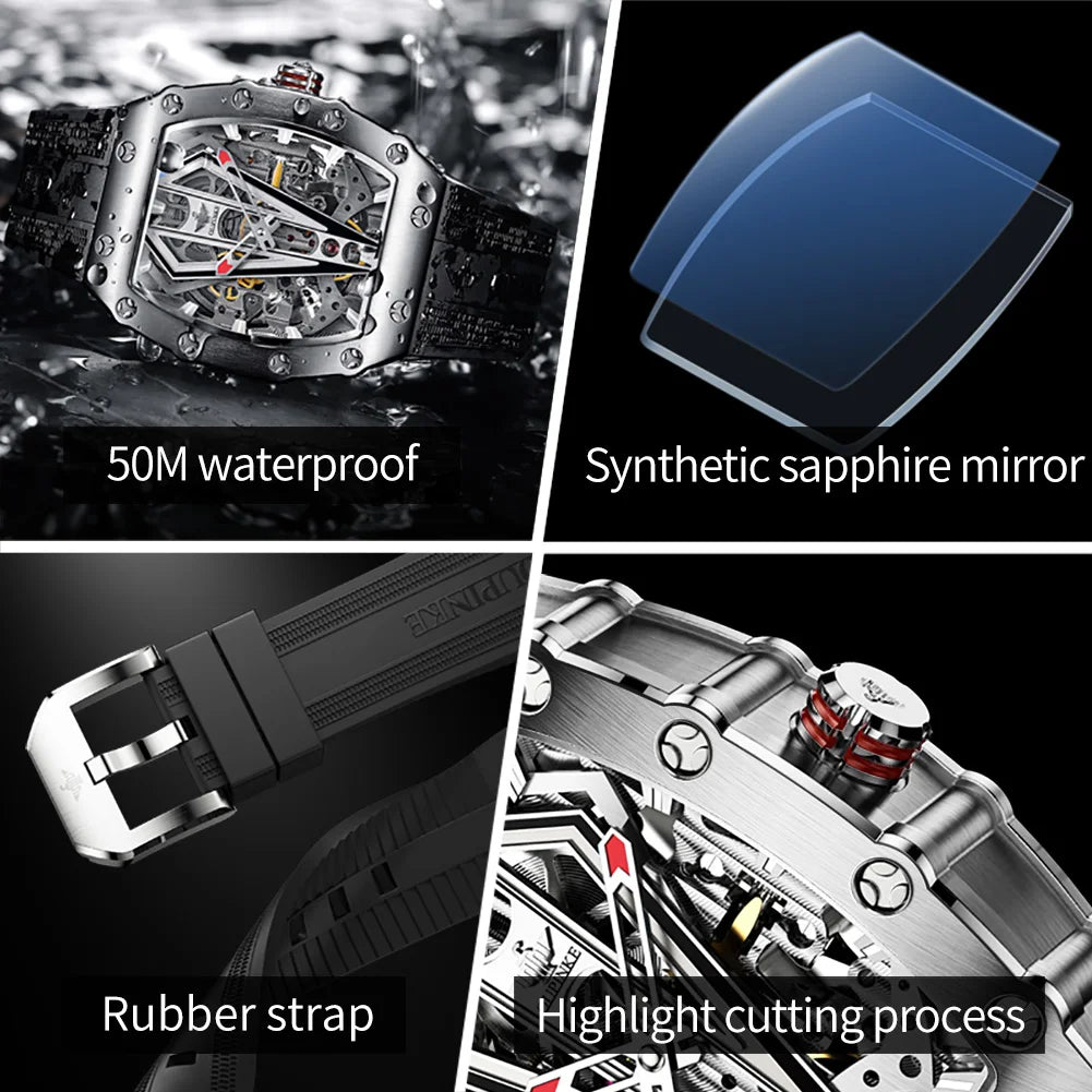 OUPINKE 3179 Automatic Watches for Man Silicone Strap Sapphire Mirror Waterproof Skeleton Tonneau Mechanical Men's Wristwatches