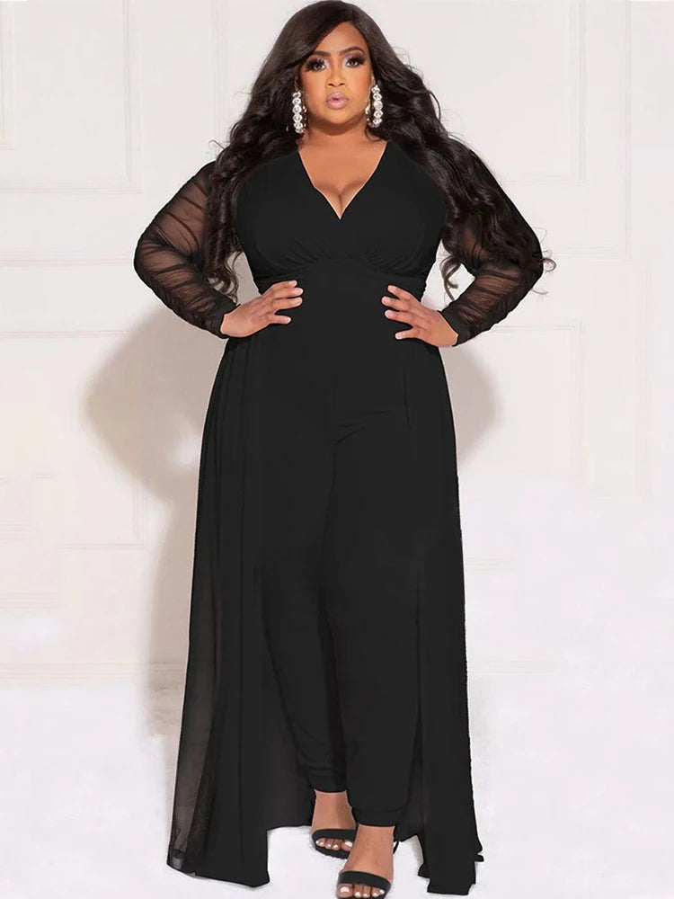 2 Piece Sets Women Outfit Mesh Lace Sleeves Elegant Pants and Blouse Set Sexy Curve Plus Size Clothes Wholesale Dropshipping