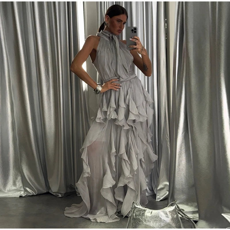 Sexy Cascading Ruffle Pleated Women Long Dress Fashion Lace Up Sleeveless Empire Female Dresses 2026 Spring Summer Lady Robe New