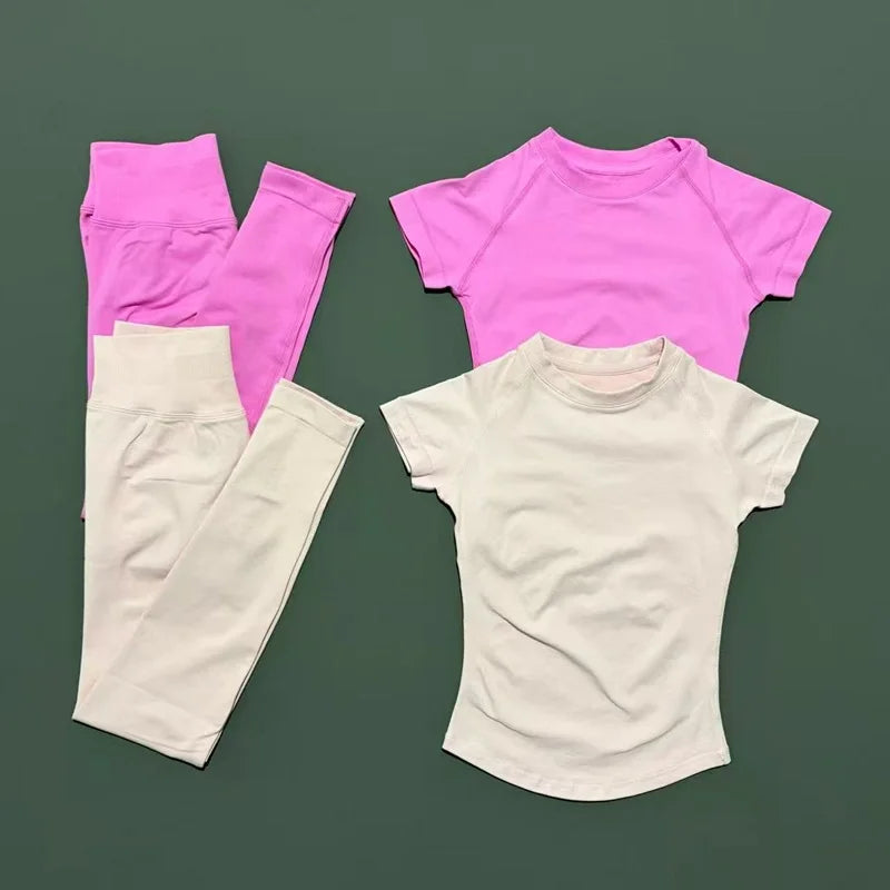 2 Pieces HISTELLO Yoga Set Women Short Sleeve Crop Top Low Waist Butt Lifter Leggings Seamless Breathable Stretch Fitness Sets