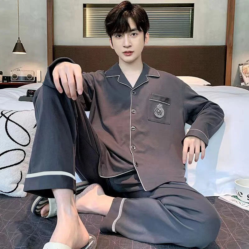 Pajamas for Men Spring and Autumn Long-Sleeved Young Men's Simple Casual Lapel Autumn and Winter Home Wear Set