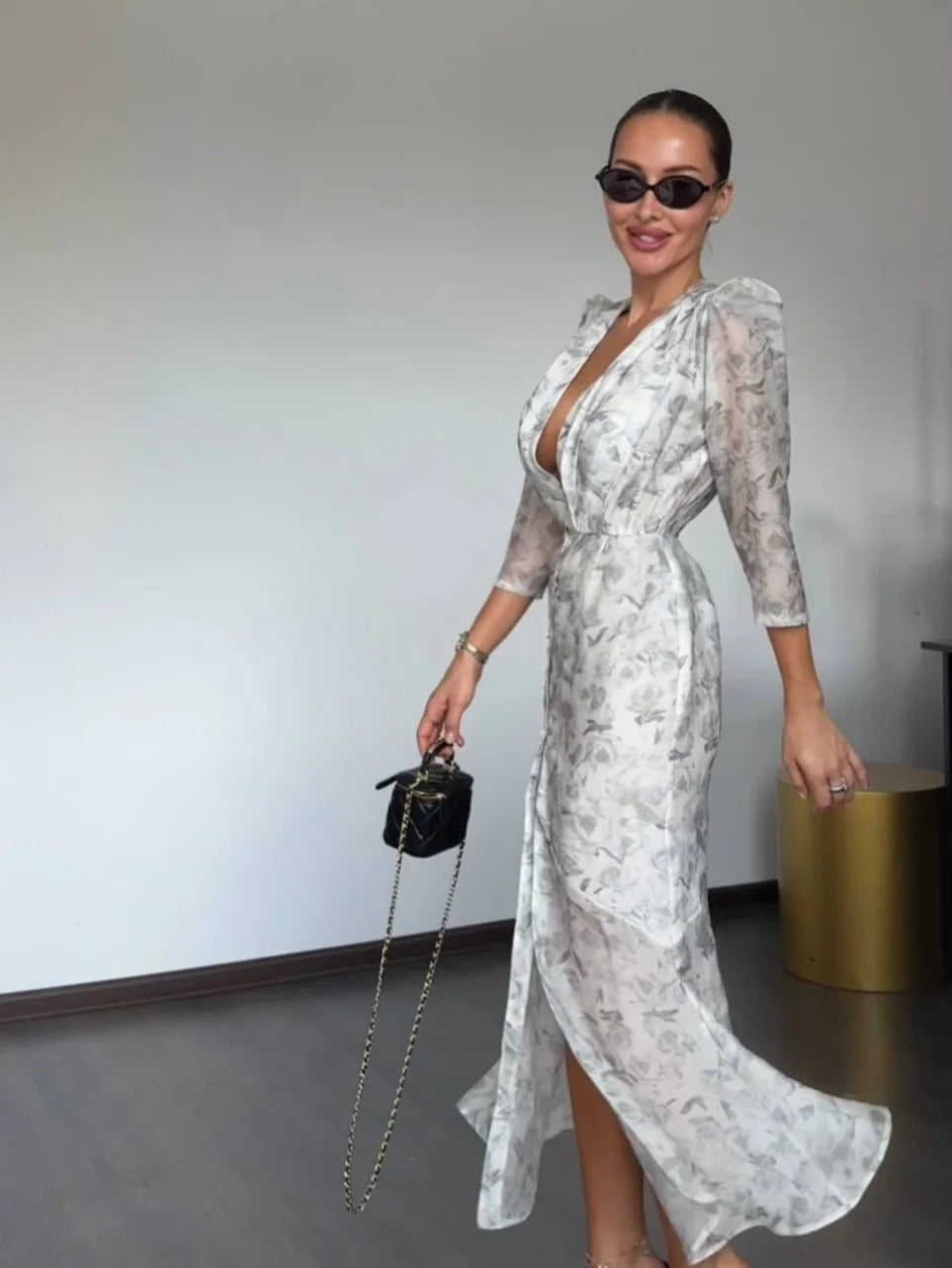 Lace Trim Satin Peplum Midi Dress Deep V-Neck Puff Sleeve A-Line 2026 Spring Summer Chic Elegant Romantic Women Cocktail Dress