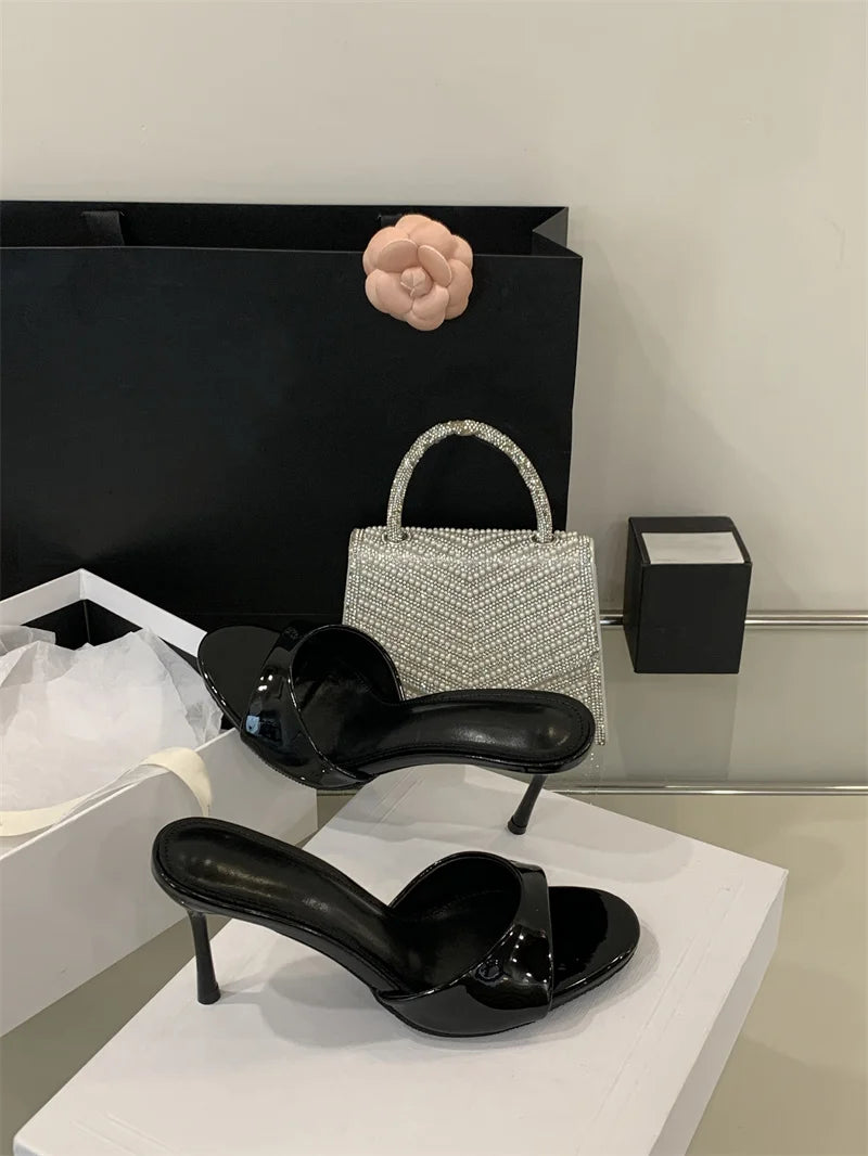 Liyke White Patent Leather Women Slippers Sandals Fashion Round Open Toe Thin High Heels Mules Slides Summer Party Dress Shoes