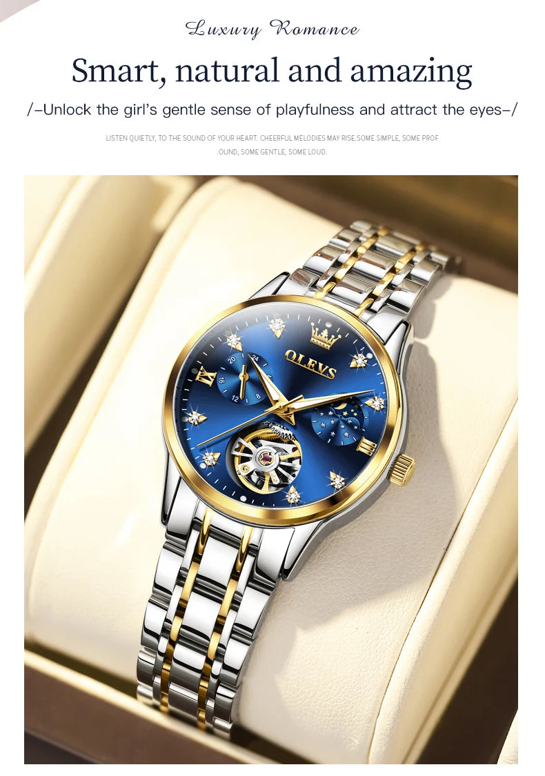 OLEVS 6608 Women Watch Original New Luxury Watch Stainless Steel Automatic Mechanical Diamond Scale Waterproof Watches For Women
