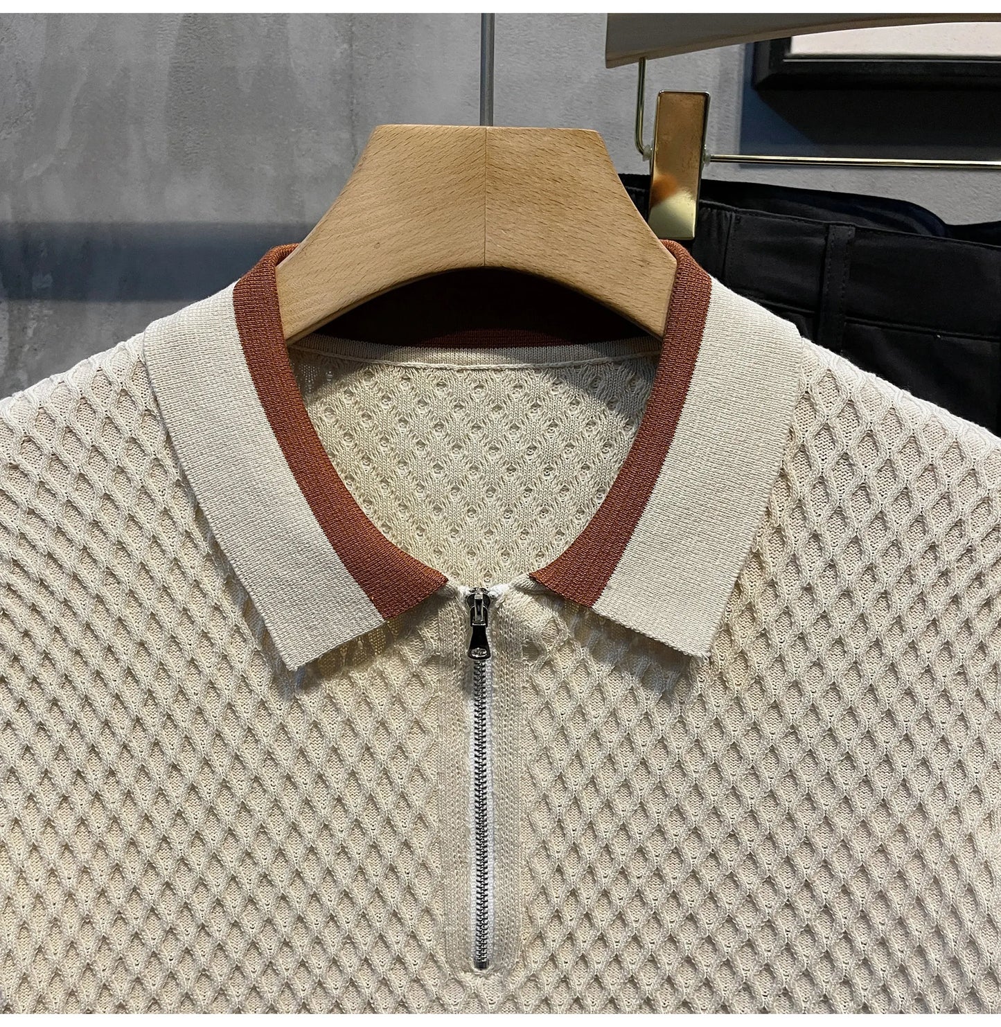 2026 Men's Casual V-Neck Knitted Jacquard Polo Shirt Solid Color Short Sleeve Solid Color Shirt Breathable Luxury Clothing B24