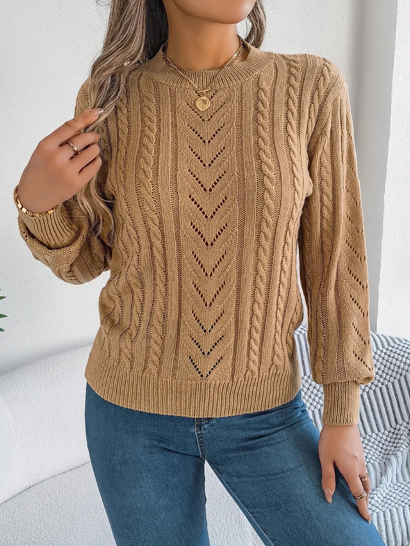 Autumn and Winter Casual Solid Color O-Neck Hollow Out Long Sleeved Pullover Sweater BAZAARHUBO