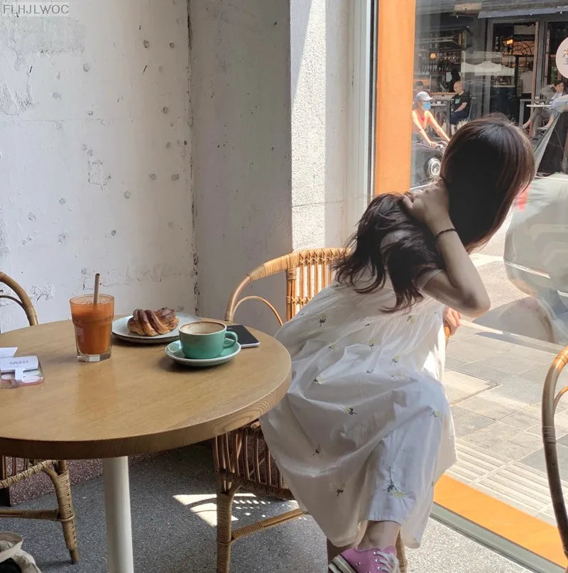 Loose Summer Cute Sweet Japanese Style Girls Flower Embroidery Retro Vintage Single Breasted Button Cotton Blends Shirt Dress
