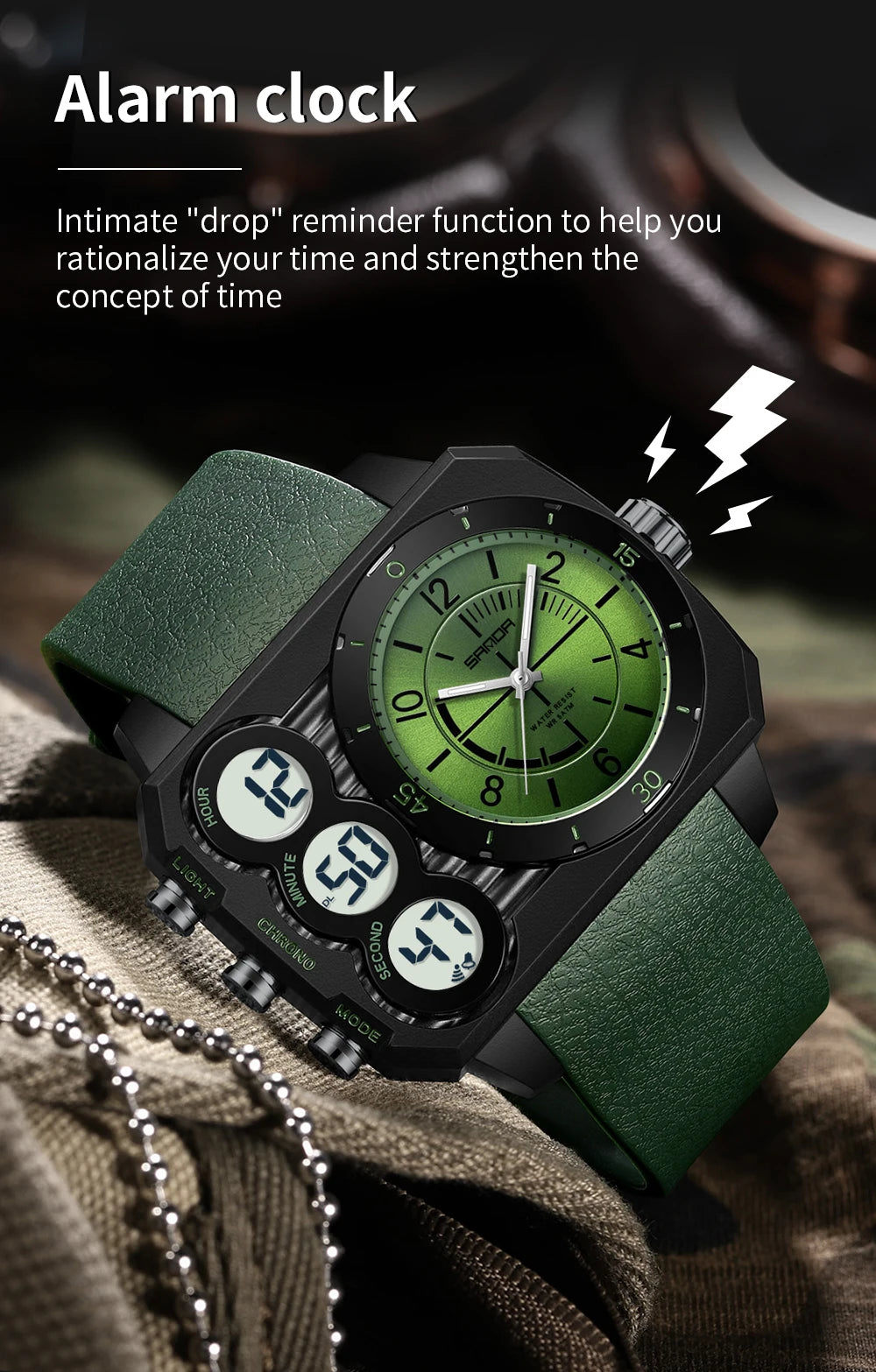 SANDA Men Watch Square Big Dial Waterproof Double Display Wristwatch Man Chronograph Digital Clock Men's Military Quartz Watches