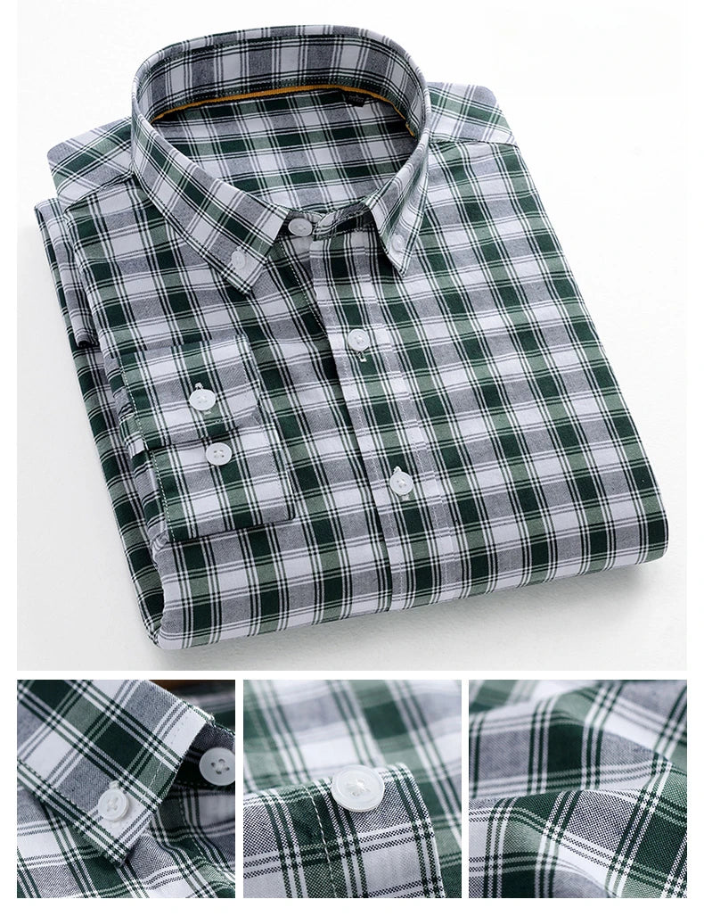 Fashion korean trends casual long-sleeve shirts for men slim fit plain shirt 100%cotton plaid striped tops soft designer clothes