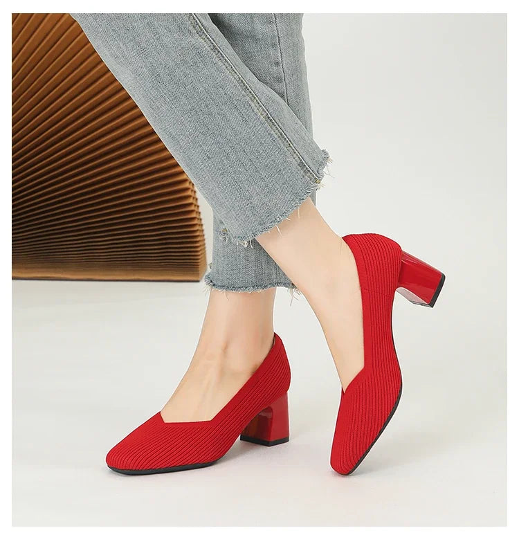 Shoes Woman High Heels Comfortable Square Knitted Breathable Comfortable Women's Flats Shoes (5cm High) 2025 New Collection