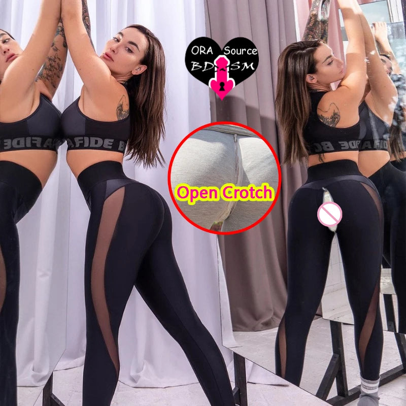 Women Open Crotch Leggings Sexy Summer Push Up Fitness Patchwork Breathable Gym Pants Leather Crotchless Panties Clubwear
